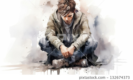 A melancholic young man sits cross-legged, looking down, in a watercolor painting style on a white abstract background, symbolizing sadness 132674373