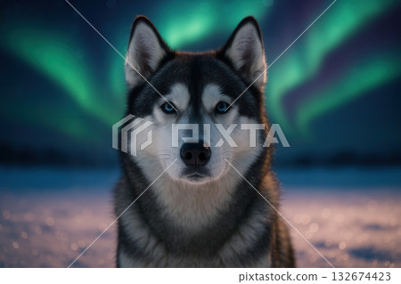 Alert Husky In Snow With Glowing Aurora Sky 132674423