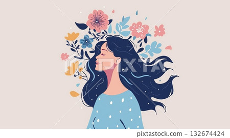 Woman developing her emotional intelligence. Concept exploring the mind, self-discovery, introspection, thinking process. Flat illustration Woman developing her emotional intelligence. Concept exploring the mind, self-discovery, introspection, thinking process. Flat illustration 132674424