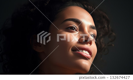 Happiness, joy, thinking positive, having good thoughts in mind. Black skin woman head in the sunshine. Mental health concept. 132674427