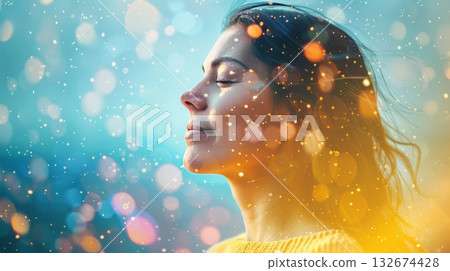 Concept exploring the mind, self-discovery, introspection, thinking process. Woman developing her emotional intelligence. Concept exploring the mind, self-discovery, introspection, thinking process. Woman developing her emotional intelligence. 132674428