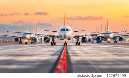 Airplanes parked at airport during sunset, showcasing serene atmosphere 132674499