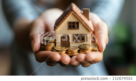 person holding small house model and coins, symbolizing home loans 132674581