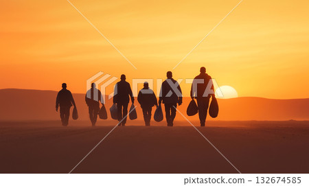 Group of refugees walking along dusty road at sunset, conveying hope 132674585