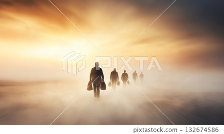 Walking group of refugees along dusty road at sunset, conveying hope 132674586