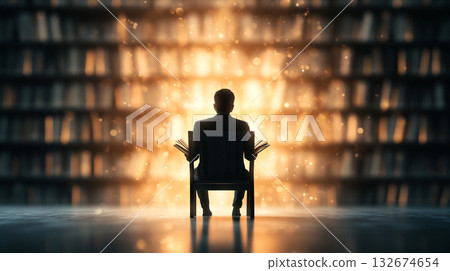 Person sitting alone in cozy library corner, immersed in books 132674654