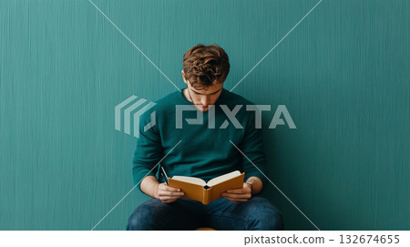 man reading book in quiet corner, deeply focused and relaxed man reading book in quiet corner, deeply focused and relaxed 132674655