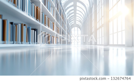 Spacious library hall with natural light filtering through windows 132674764