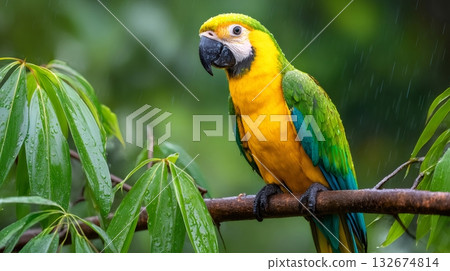 Blue winged macaw perched on a branch in the rain 132674814