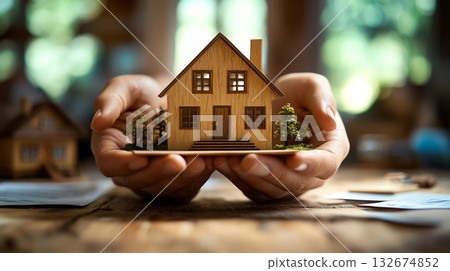 person holds wooden house model symbolizing home ownership and dreams 132674852