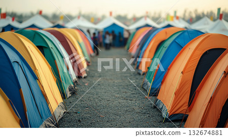 Colorful tents in refugee camp with families gathered nearby Colorful tents in refugee camp with families gathered nearby 132674881