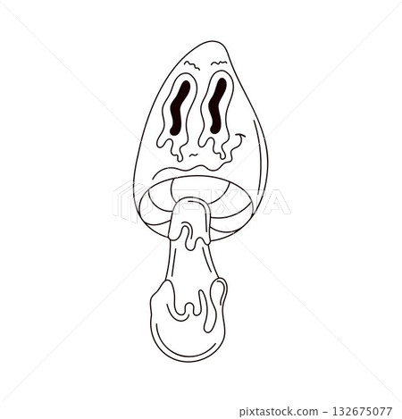 Psychedelic mushroom in groovy line art style. Character with wide eyes and a crooked smile isolated on a white background. Psychedelic mushroom in groovy line art style. Character with wide eyes and a crooked smile isolated on a white background. 132675077