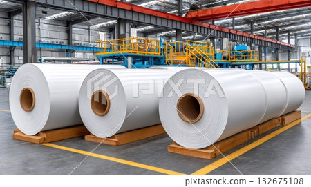 Rolls of steel sheet metal sit in warehouse or factory after being produced Rolls of steel sheet metal sit in warehouse or factory after being produced 132675108