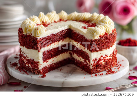 Delicious red velvet cake showing its three layers and cream cheese frosting Delicious red velvet cake showing its three layers and cream cheese frosting 132675109