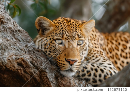 Leopard resting peacefully on a tree branch in the wild 132675110