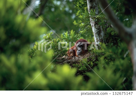 Mother orangutan with cub resting in nest in lush rainforest canopy 132675147