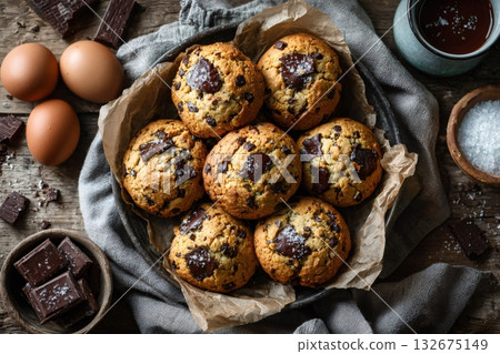 Delicious chocolate chip cookies baking on rustic wooden table 132675149