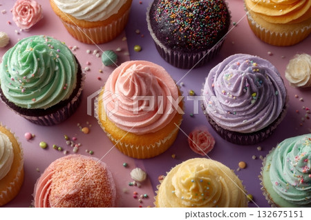 Colorful cupcakes forming a delicious pattern on purple background 132675151
