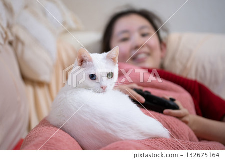 一隻貓和它的主人在家放鬆 132675164