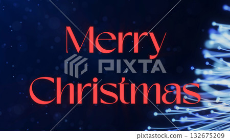 Red Merry Christmas text glowing on dark blue background with shining particles and light bokeh. Modern festive illustration full of warmth, color, and holiday atmosphere. Red Merry Christmas text glowing on dark blue background with shining particles and light bokeh. Modern festive illustration full of warmth, color, and holiday atmosphere. 132675209