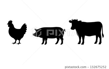 雞、豬和牛的剪影插圖。牛肉、豬肉、雞肉。簡潔的圖標素材。 雞、豬和牛的剪影插圖。牛肉、豬肉、雞肉。簡潔的圖標素材。 132675252