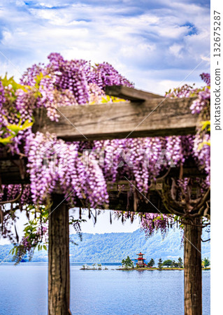 Ukimido Hall of Lake Toya seen through the wisteria 132675287