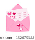 Cartoon envelope with a love letter. Realistic 3D rendering of a pink open envelope. Valentine s Day card, love message wallpaper, cute Valentine s Day letter background. 132675388
