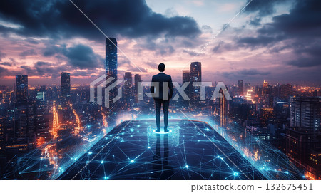 一個男人站在網路空間中,眼前展現出數位城市的景象 一個男人站在網路空間中,眼前展現出數位城市的景象 132675451