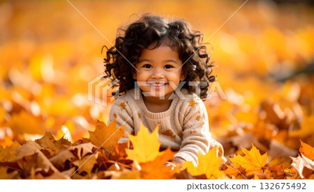 A girl playing in an autumn park with fallen leaves A girl playing in an autumn park with fallen leaves 132675492