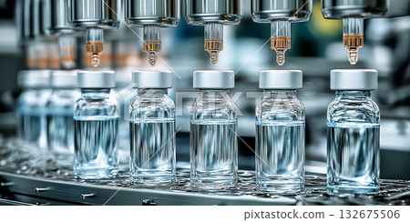 Pharmaceutical automatic production line , conveyor belt with  medical injection glass vials at pharmacy factory. Manufacturing, pharma industry, medicine, automated technology equipment concept 132675506