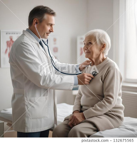 a doctor listening to an elderly patient's heartbeat a doctor listening to an elderly patient's heartbeat 132675565