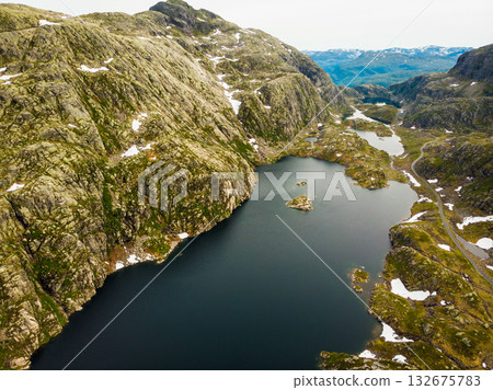 Aerial view. Road and lakes in mountains Norway 132675783