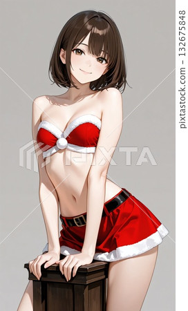 Santa cosplay woman in bra and miniskirt straddling a platform Santa cosplay woman in bra and miniskirt straddling a platform 132675848