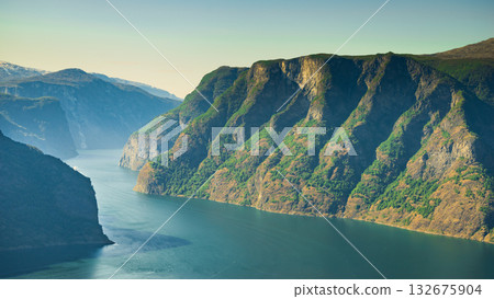 Fjord landscape Aurlandsfjord in Norway 132675904
