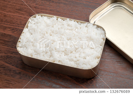White rice packed in an anodized aluminum lunch box White rice packed in an anodized aluminum lunch box 132676089