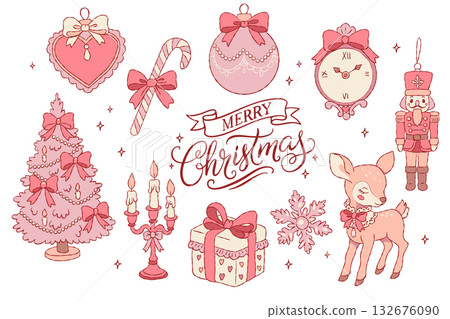 Whimsical Coquette Christmas Clipart Set with Cute Deer and Holiday Decor Whimsical Coquette Christmas Clipart Set with Cute Deer and Holiday Decor 132676090