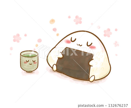 Watercolor illustration of a rice ball relaxing with a teacup among fluttering flowers 132676237