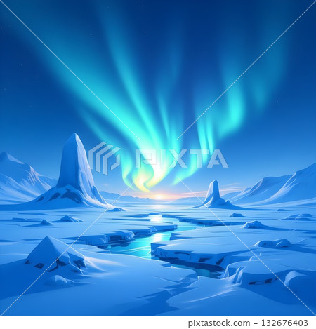 Illustration of an icy land with aurora shining 132676403