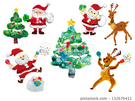 Watercolor illustration set of Santa Claus, reindeer and Christmas tree Watercolor illustration set of Santa Claus, reindeer and Christmas tree 132676411