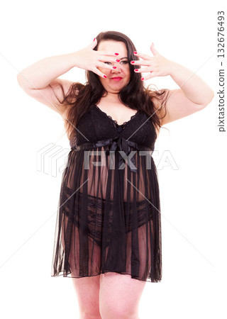 Woman plus size in lace lingerie set 132676493
