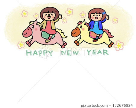 Cute twin girls riding horses, suitable for New Year's cards Cute twin girls riding horses, suitable for New Year's cards 132676824