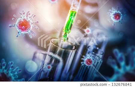 Scientist in biohazard protection clothing analyzing covid 19 sample with microscope and holding coronavirus covid 19 blood sample tube on hand in laboratory. Scientist in biohazard protection clothing analyzing covid 19 sample with microscope and holding coronavirus covid 19 blood sample tube on hand in laboratory. 132676841