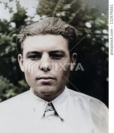 Vintage portrait of a young man in the garden in early spring. Retro photo from 1955. Vintage portrait of a young man in the garden in early spring. Retro photo from 1955. 132676881