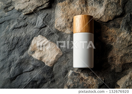 Sleek White Cosmetics Bottle Mockup with Wooden Cap on Textured Stone Background 132676920