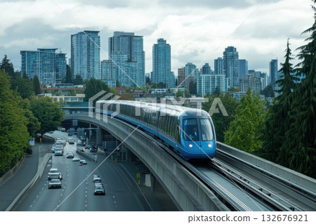 Sleek Monorail Train Gliding Above City Highway in Urban Landscape with High-Rise Buildings Sleek Monorail Train Gliding Above City Highway in Urban Landscape with High-Rise Buildings 132676921