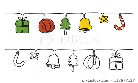 Hand Drawn One Continuous Line Christmas Decoration Hanging Set. Vector Illustration 132677127