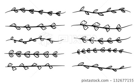 Nature Leaves Divider Line Drawing Set Design Element.Vector Illustration 132677155