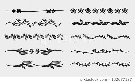 Nature Leaves and Flowers Line Divider Drawing Set Simple Botanical Collection.Vector Illustration, great for stylish wedding and invitation design. 132677187