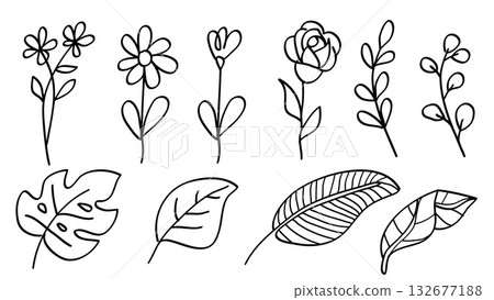 Hand Drawn Flowers and Leaves Doodle Drawing Set Simple Botanical Element.Vector Illustration Hand Drawn Flowers and Leaves Doodle Drawing Set Simple Botanical Element.Vector Illustration 132677188
