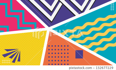 Abstract Trendy Memphis Style Background Colorful Geometric Collage Design.Vector Illustration 132677229